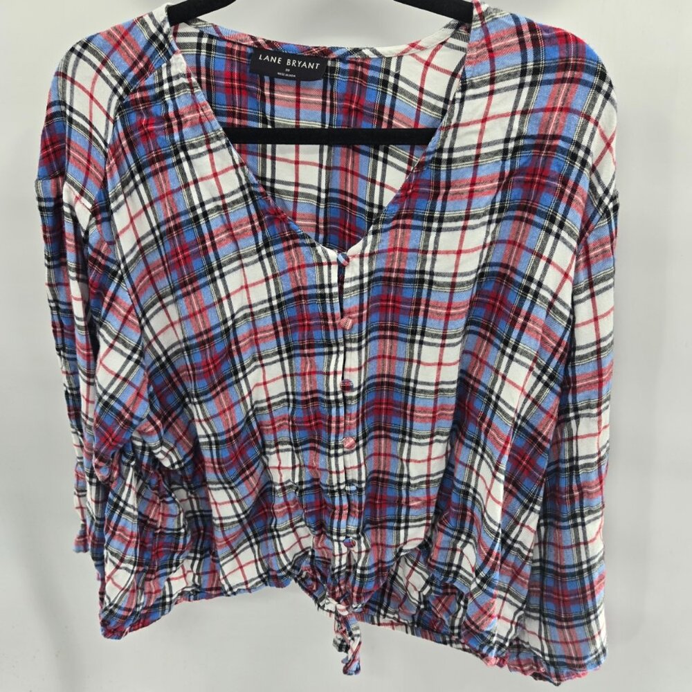 Lane Bryant Plaid Red Blue Button Rayon Tie Front Long Sleeve Shirt Size 20